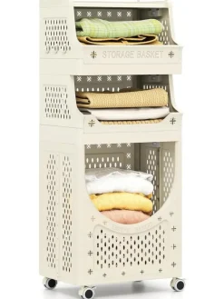 COSTWAY Wäschekörbe & -Ständer<4 Etagen Wäschekorbwagen in Beige