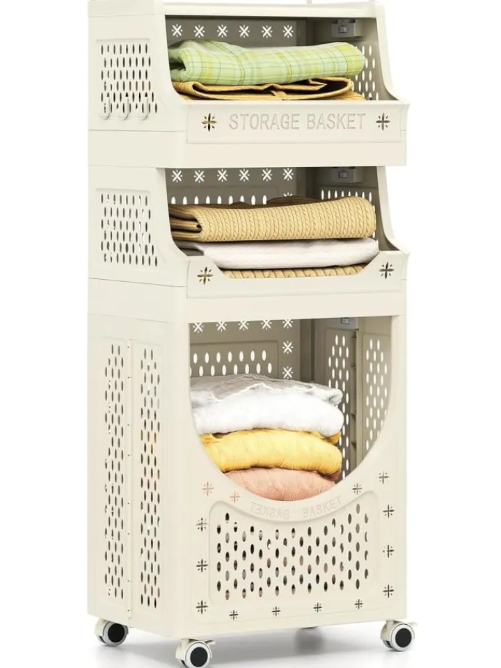 COSTWAY Wäschekörbe & -Ständer<4 Etagen Wäschekorbwagen in Beige