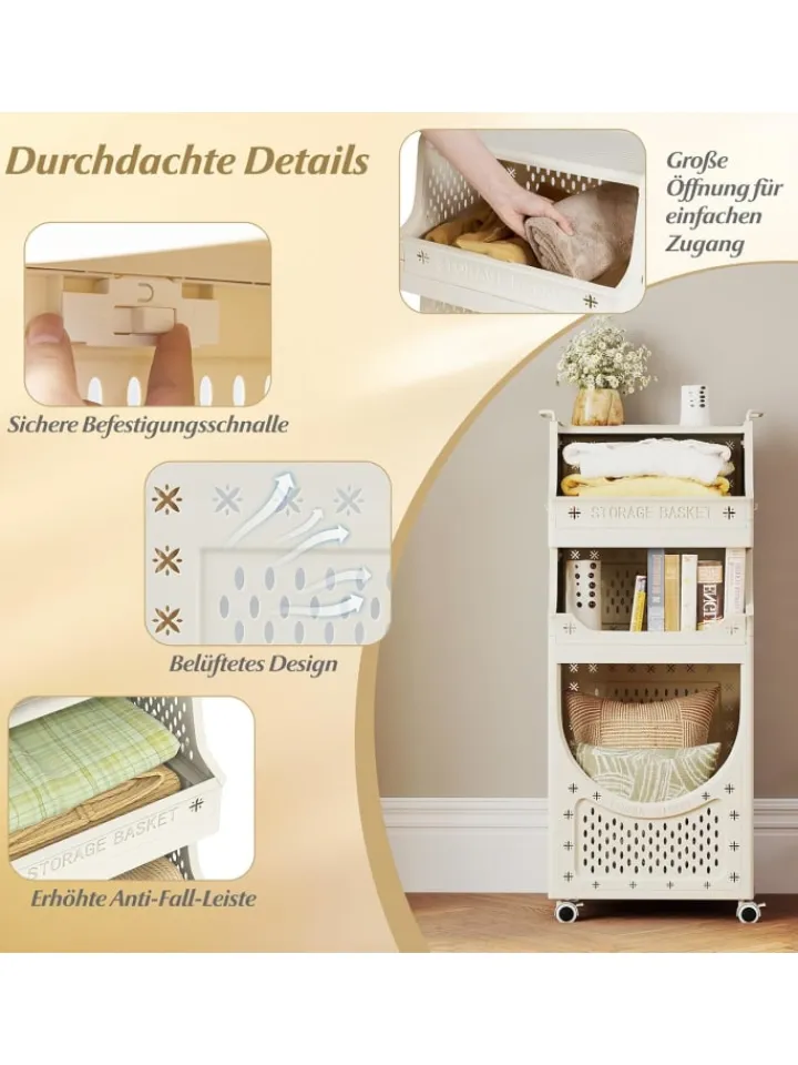 COSTWAY Wäschekörbe & -Ständer<4 Etagen Wäschekorbwagen in Beige