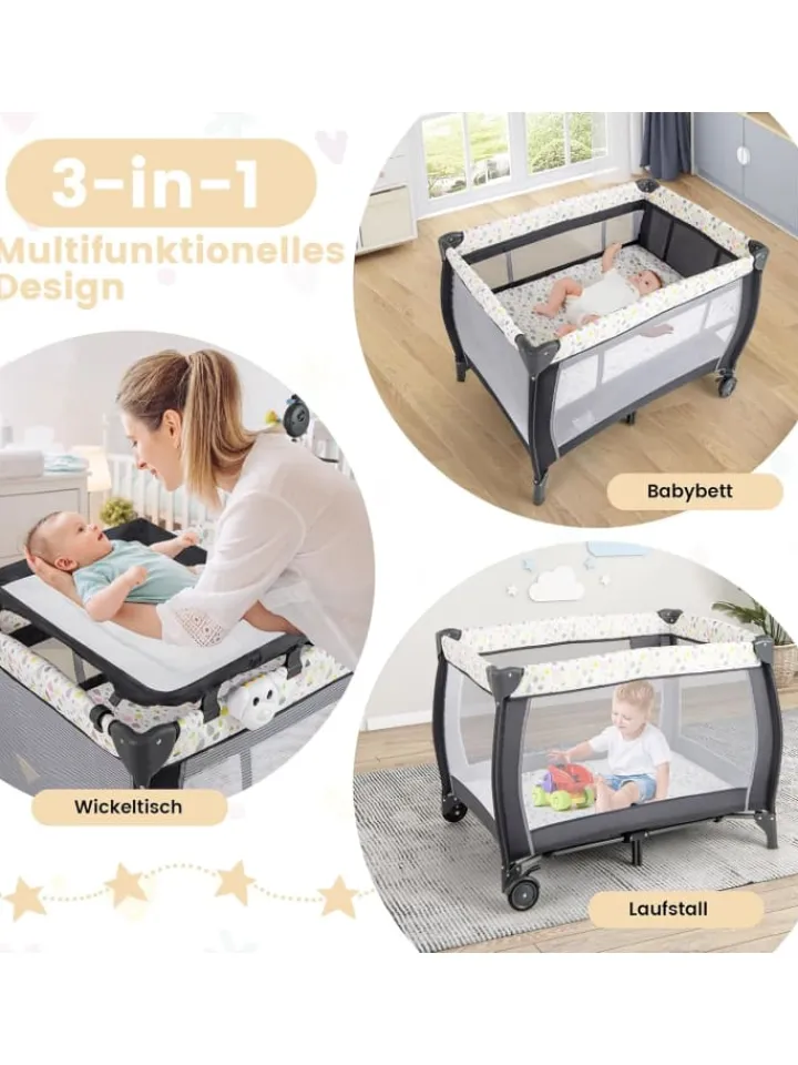 COSTWAY Babymöbel<3 in 1 Beistellbett klappbar in Bunt