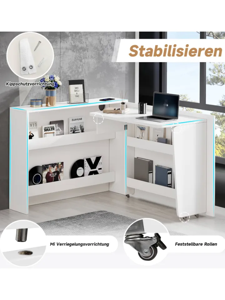 ABRIHOME Regale & Schränke<2 in 1 Faltbarer Sideboard mit Rollen & Wireless Charger, Weiß