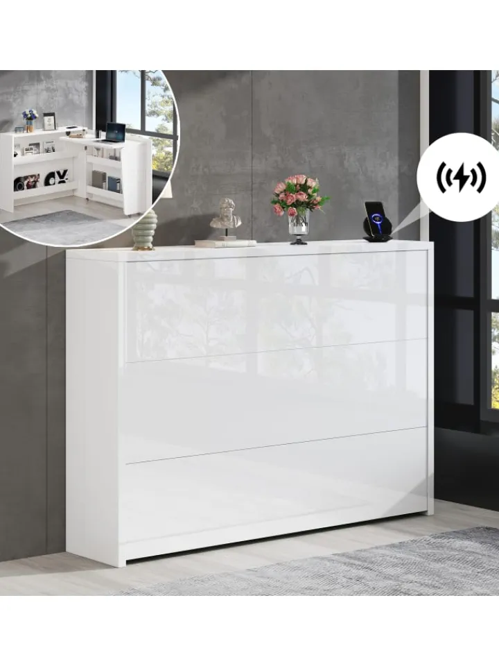 ABRIHOME Regale & Schränke<2 in 1 Faltbarer Sideboard mit Rollen & Wireless Charger, Weiß