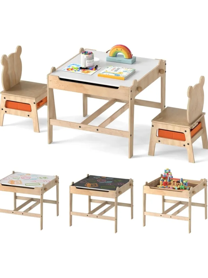 COSTWAY Kindermöbel<4 in 1 Kindertisch mit 2 Stühlen in Hellbraun