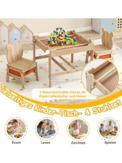 COSTWAY Kindermöbel<4 in 1 Kindertisch mit 2 Stühlen in Hellbraun