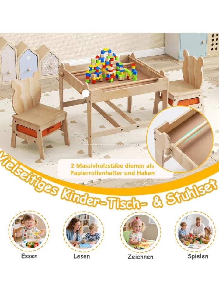 COSTWAY Kindermöbel<4 in 1 Kindertisch mit 2 Stühlen in Hellbraun