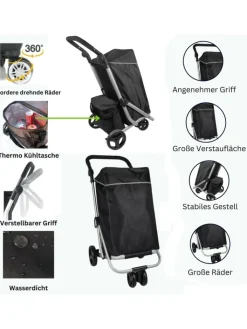 Cheffinger Einkaufstaschen & -Trolleys<48 L Einkaufswagen + 12 L Kühltasche Einkauf Trolley Trolley in Schwarz