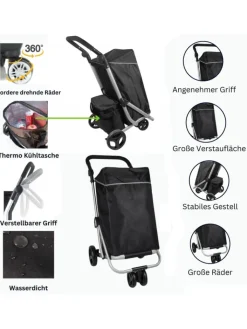 Cheffinger Einkaufstaschen & -Trolleys<48 L Einkaufswagen + 12 L Kühltasche Einkauf Trolley Trolley in Schwarz