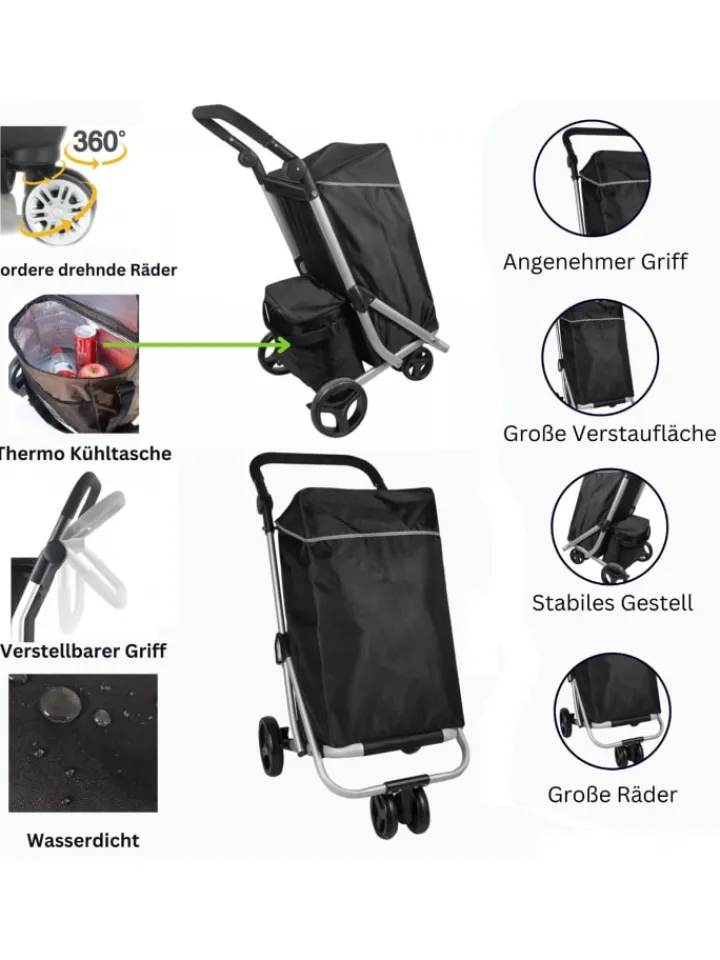 Cheffinger Einkaufstaschen & -Trolleys<48 L Einkaufswagen + 12 L Kühltasche Einkauf Trolley Trolley in Schwarz
