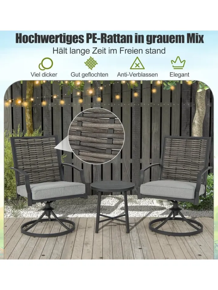 COSTWAY Gartenmöbel<3 tlg. Balkonmöbel Set mit Drehfunktion in Grau