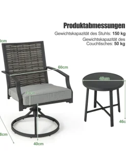 COSTWAY Gartenmöbel<3 tlg. Balkonmöbel Set mit Drehfunktion in Grau