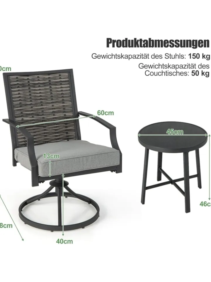 COSTWAY Gartenmöbel<3 tlg. Balkonmöbel Set mit Drehfunktion in Grau