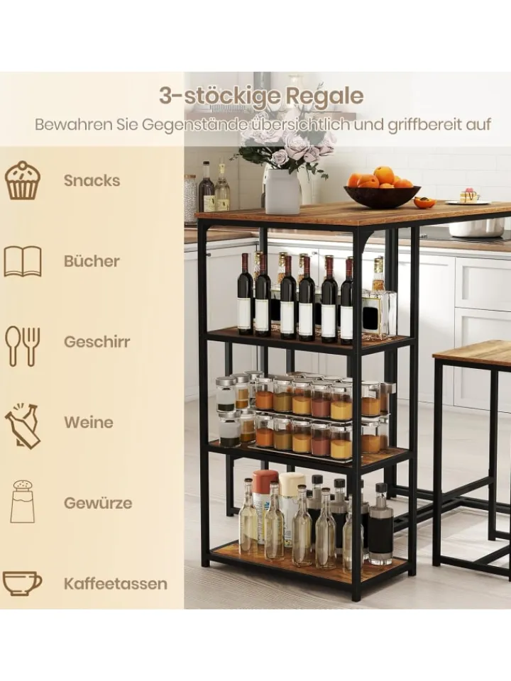 COSTWAY Möbel-Sets<3 tlg. Bartisch mit Barhocker Set in Braun