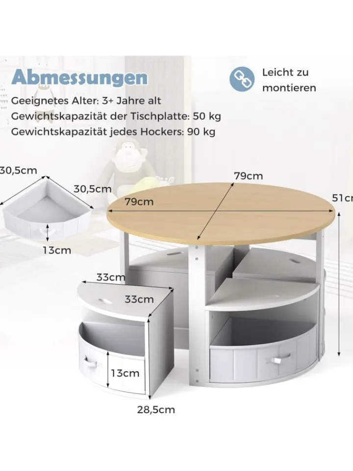 COSTWAY Kindermöbel<5 tlg. Kindersitzgruppe mit 4 Stauraum in Weiß