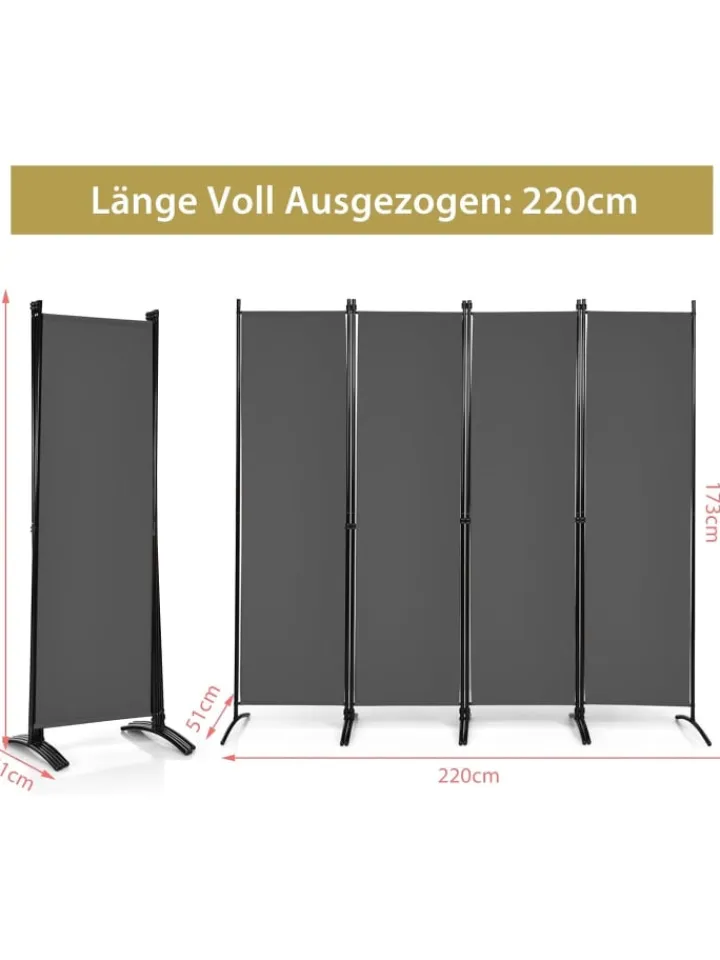 COSTWAY Paravents<4 tlg. Raumteiler 173cm in Grau