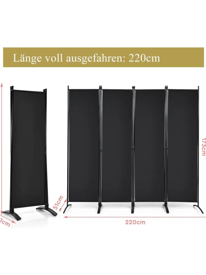 COSTWAY Paravents<4 tlg. Raumteiler 173cm in Schwarz