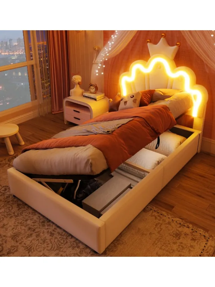 ABRIHOME Betten & Matratzen<90 x 200 cm Einzelbetten Polsterbett mit LED, Verstellbares Kopfteil, Weiß