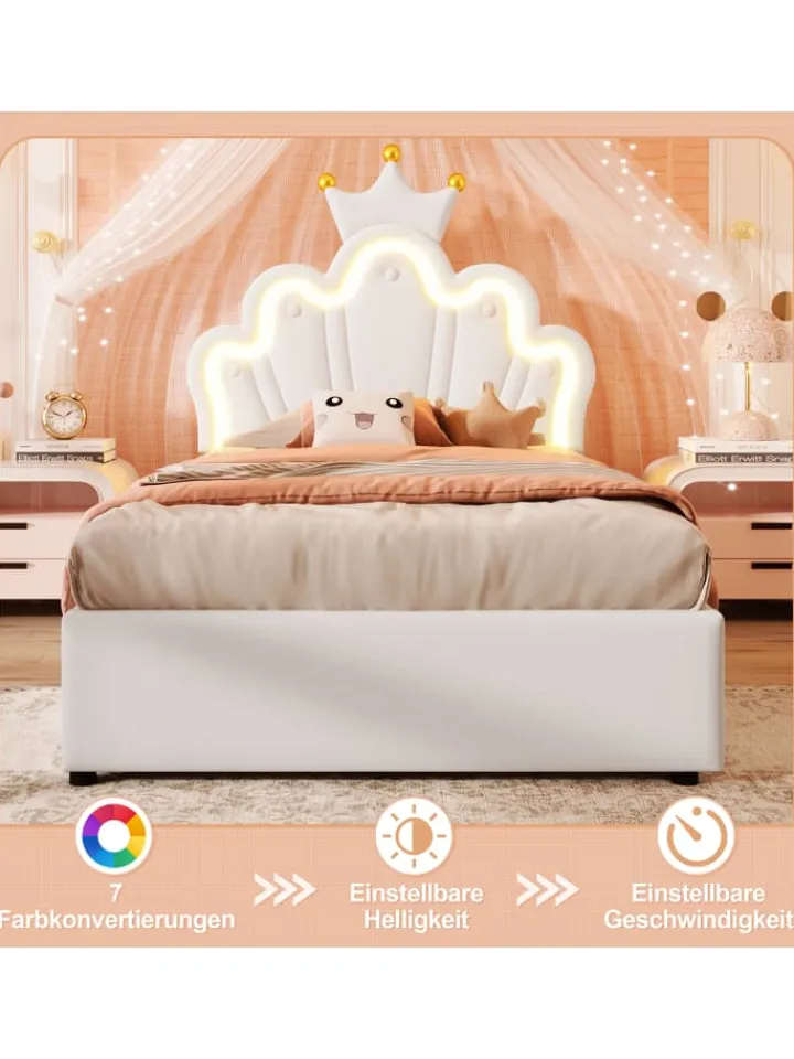 ABRIHOME Betten & Matratzen<90 x 200 cm Einzelbetten Polsterbett mit LED, Verstellbares Kopfteil, Weiß