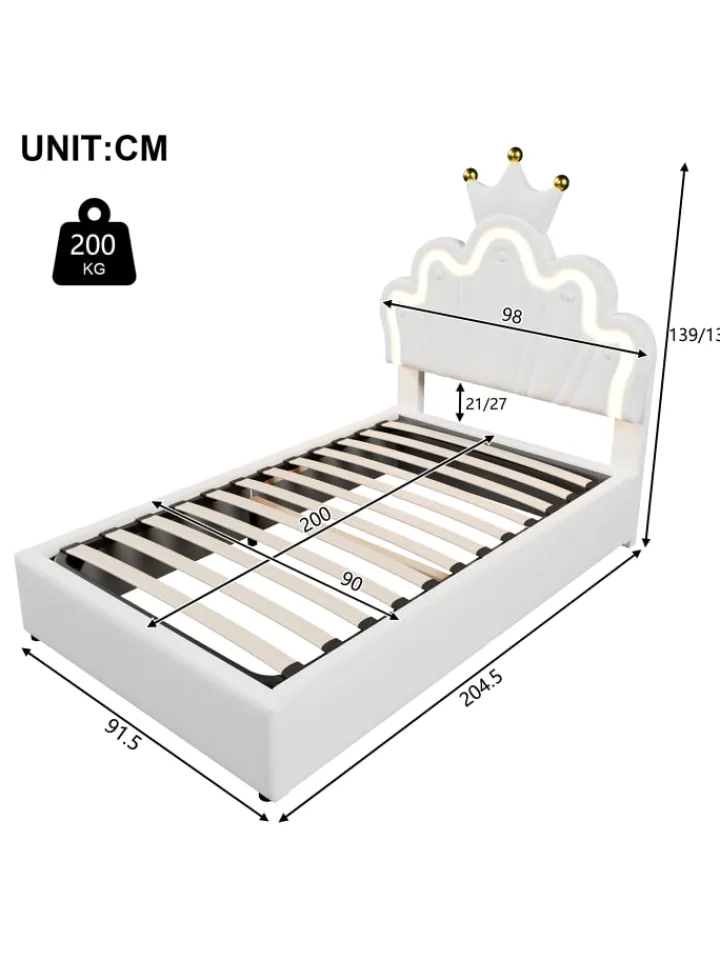ABRIHOME Betten & Matratzen<90 x 200 cm Einzelbetten Polsterbett mit LED, Verstellbares Kopfteil, Weiß