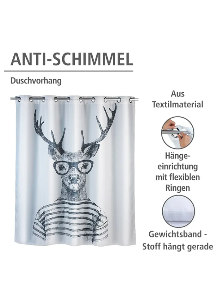 Wenko Gardinen, Jalousien & Rollos<Anti-Schimmel-Duschvorhang "Mr. Deer" in Weiß/ Schwarz - (L)200 x (B)180 cm