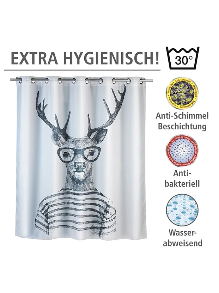 Wenko Gardinen, Jalousien & Rollos<Anti-Schimmel-Duschvorhang "Mr. Deer" in Weiß/ Schwarz - (L)200 x (B)180 cm