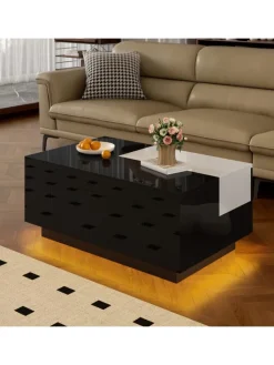 ABRIHOME Tische<Ausziehbarer Couchtisch mit LED einstellbarem Lichtband und Stauraum, Schwarz