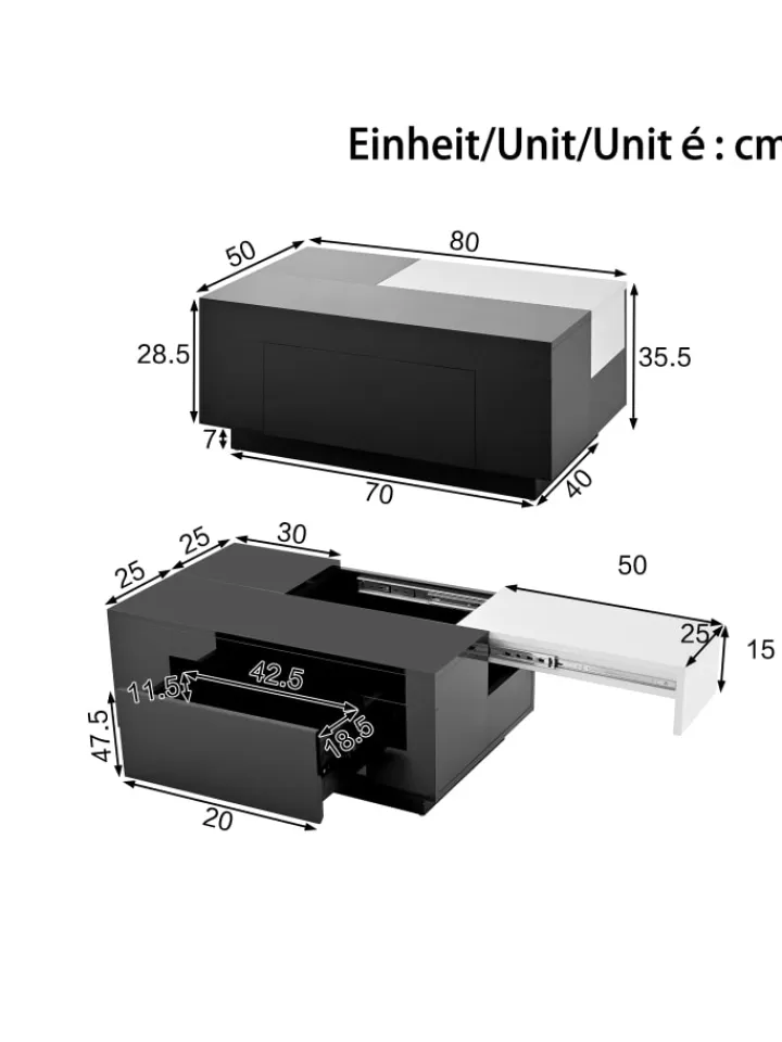 ABRIHOME Tische<Ausziehbarer Couchtisch mit LED einstellbarem Lichtband und Stauraum, Schwarz