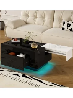 ABRIHOME Tische<Ausziehbarer Couchtisch mit LED einstellbarem Lichtband und Stauraum, Schwarz