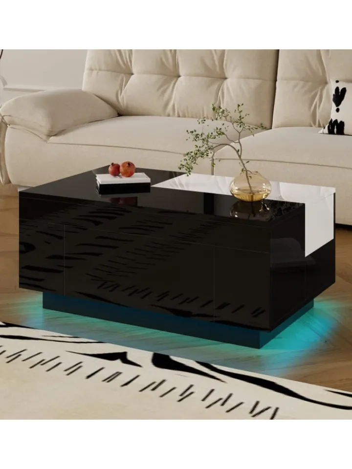 ABRIHOME Tische<Ausziehbarer Couchtisch mit LED einstellbarem Lichtband und Stauraum, Schwarz