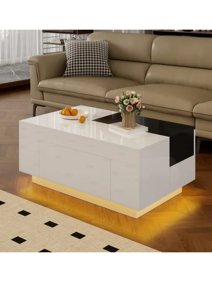 ABRIHOME Tische<Ausziehbarer Couchtisch mit LED einstellbarem Lichtband und Stauraum, Weiß