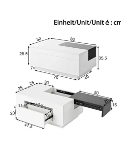 ABRIHOME Tische<Ausziehbarer Couchtisch mit LED einstellbarem Lichtband und Stauraum, Weiß