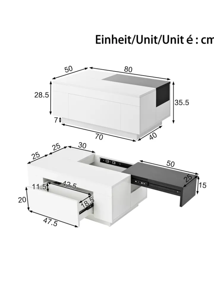 ABRIHOME Tische<Ausziehbarer Couchtisch mit LED einstellbarem Lichtband und Stauraum, Weiß