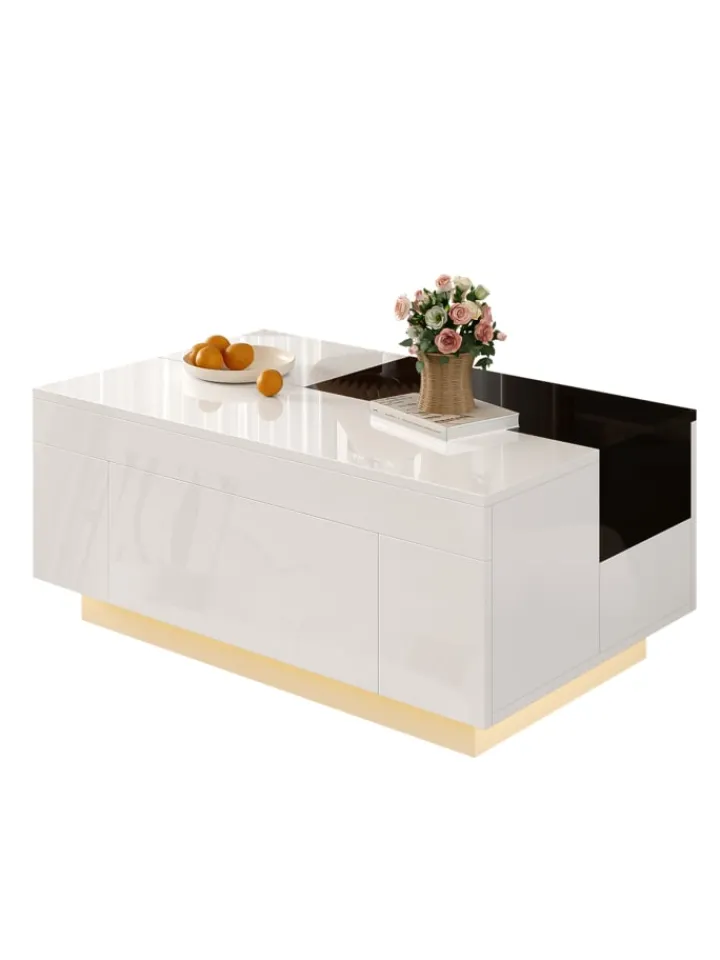ABRIHOME Tische<Ausziehbarer Couchtisch mit LED einstellbarem Lichtband und Stauraum, Weiß