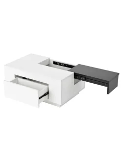 ABRIHOME Tische<Ausziehbarer Couchtisch mit LED einstellbarem Lichtband und Stauraum, Weiß