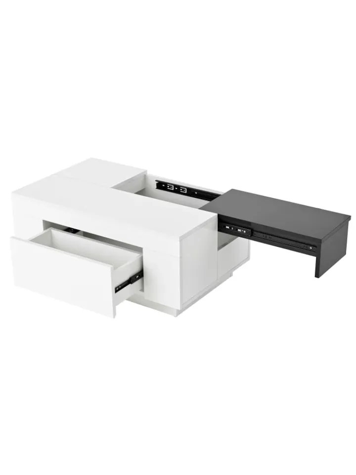 ABRIHOME Tische<Ausziehbarer Couchtisch mit LED einstellbarem Lichtband und Stauraum, Weiß