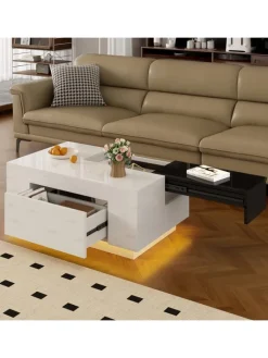 ABRIHOME Tische<Ausziehbarer Couchtisch mit LED einstellbarem Lichtband und Stauraum, Weiß
