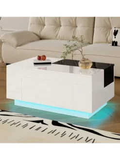 ABRIHOME Tische<Ausziehbarer Couchtisch mit LED einstellbarem Lichtband und Stauraum, Weiß