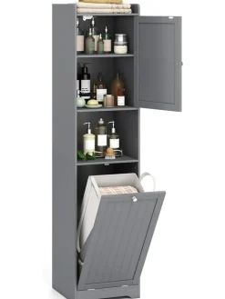 COSTWAY Badezimmermöbel<Bad Hochschrank mit Wäschekorb in Grau