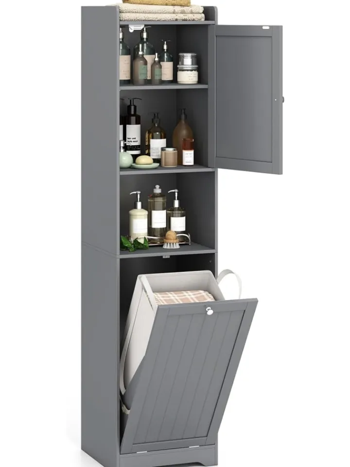 COSTWAY Badezimmermöbel<Bad Hochschrank mit Wäschekorb in Grau