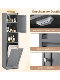 COSTWAY Badezimmermöbel<Bad Hochschrank mit Wäschekorb in Grau