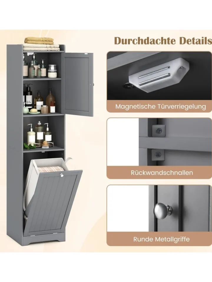 COSTWAY Badezimmermöbel<Bad Hochschrank mit Wäschekorb in Grau