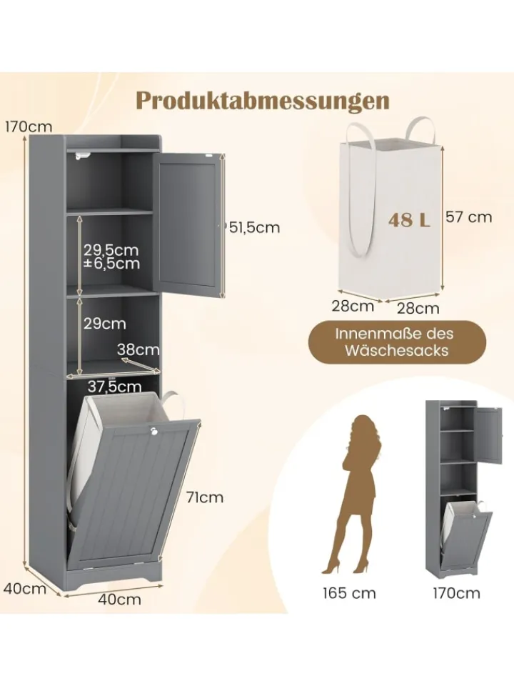 COSTWAY Badezimmermöbel<Bad Hochschrank mit Wäschekorb in Grau
