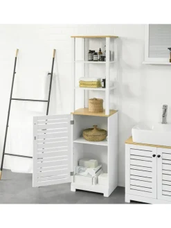 SoBuy Badezimmermöbel<Badezimmer-Hochschrank in Weiß und Natur - (B)40 x (H)160 x (T)40cm