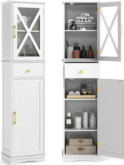 COSTWAY Badezimmermöbel<Badezimmerschrank 168 cm platzsparend schmal in Weiß