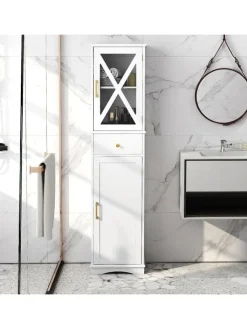 COSTWAY Badezimmermöbel<Badezimmerschrank 168 cm platzsparend schmal in Weiß
