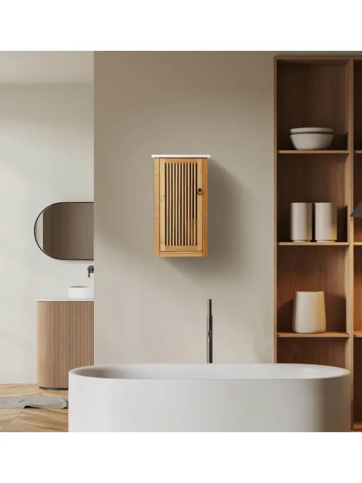 relaxdays Badmöbel<Badezimmerschrank in Natur/ Weiß - (B)34,5 x (H)60 x (T)21 cm