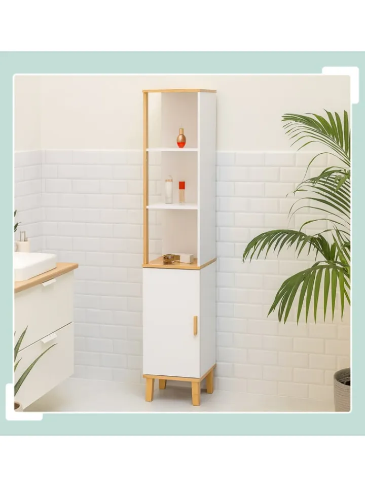 relaxdays Badmöbel|Badezimmermöbel<Badezimmerschrank in Weiß/ Natur - (B)33 x (H)169 x (T)31 cm