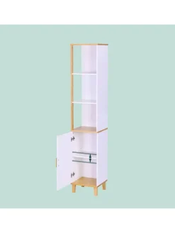 relaxdays Badmöbel|Badezimmermöbel<Badezimmerschrank in Weiß/ Natur - (B)33 x (H)169 x (T)31 cm
