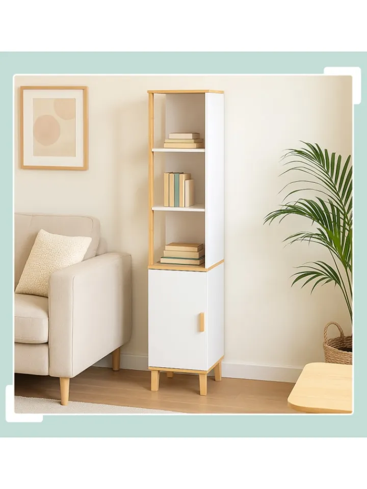 relaxdays Badmöbel|Badezimmermöbel<Badezimmerschrank in Weiß/ Natur - (B)33 x (H)169 x (T)31 cm