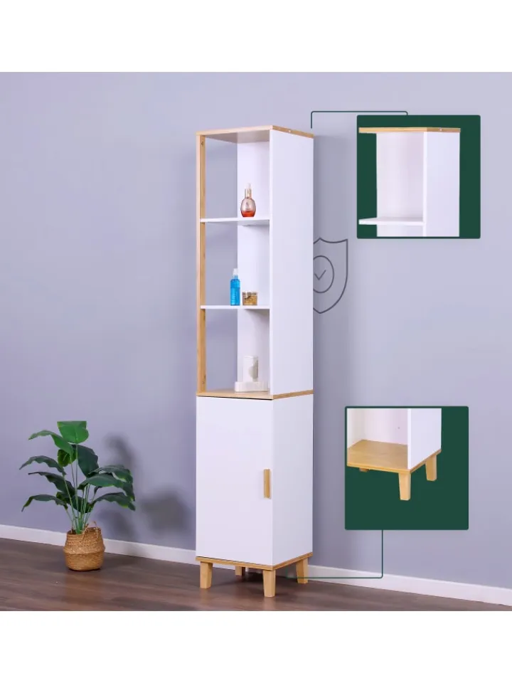 relaxdays Badmöbel|Badezimmermöbel<Badezimmerschrank in Weiß/ Natur - (B)33 x (H)169 x (T)31 cm