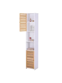 relaxdays Badmöbel<Badezimmerschrank in Weiß/ Natur - (B)34 x (H)190 x (T)29 cm